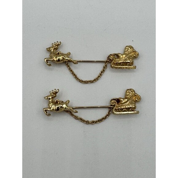 Avon Jewelry - 2 Vtg Christmas Santa Sleigh and Reindeer Stick Pins with Chain Gold Tone Avon